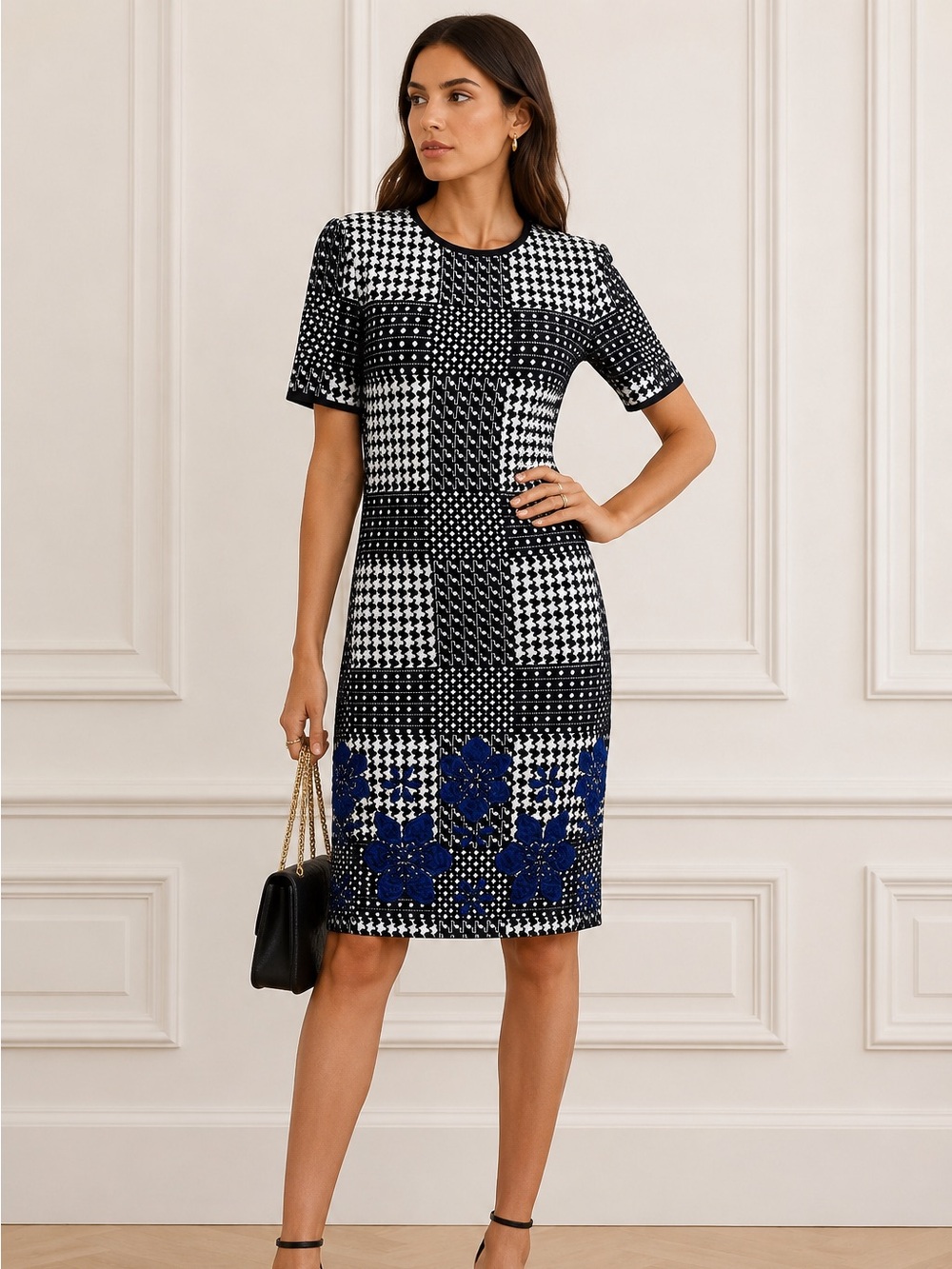Alexander McQueen Blue Floral Knit Sheath Dress Black White Jacquard Size M